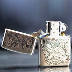 Zippo Bạc Khối Khắc 2 Mặt Cá Chép Trong Đầm Sen BK67