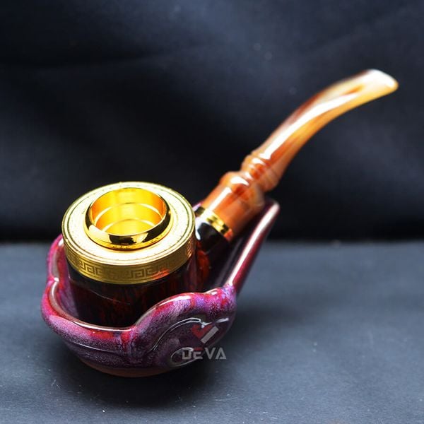 Tẩu  Xì Gà cán sừng bọc hoa văn mạ vàng Freesize TS15