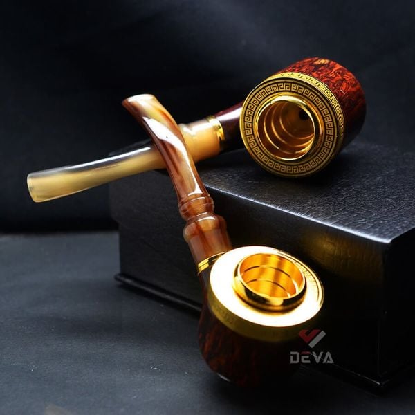 Tẩu  Xì Gà cán sừng bọc hoa văn mạ vàng Freesize TS15