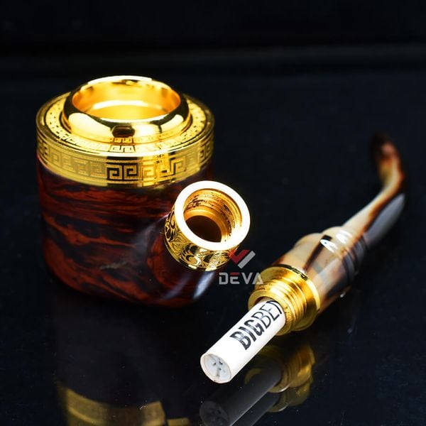 Tẩu  Xì Gà cán sừng bọc hoa văn mạ vàng Freesize TS15