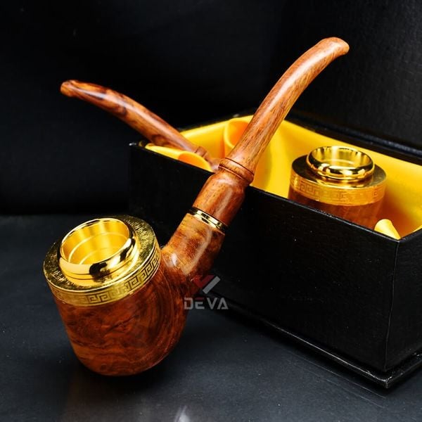 Tẩu gỗ sưa cán cong đế bằng ốp miệng mạ vàng Freesize TG07