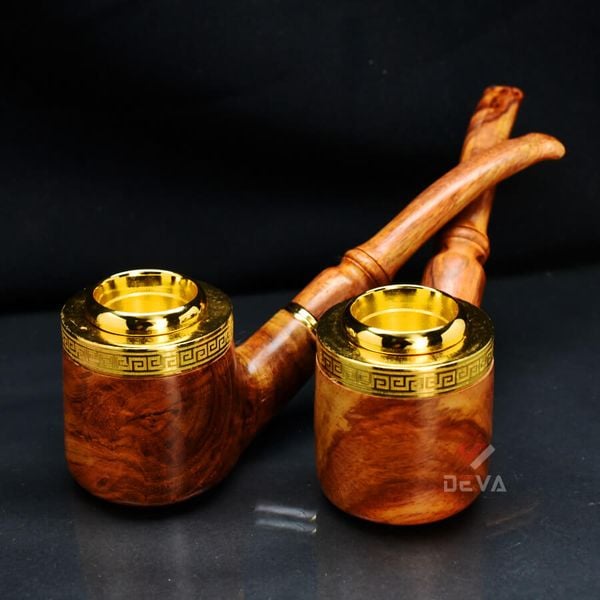 Tẩu gỗ sưa cán cong đế bằng ốp miệng mạ vàng Freesize TG07