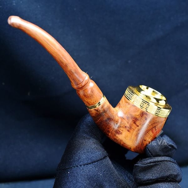 Tẩu gỗ sưa cán cong đế bằng ốp miệng mạ vàng Freesize TG07