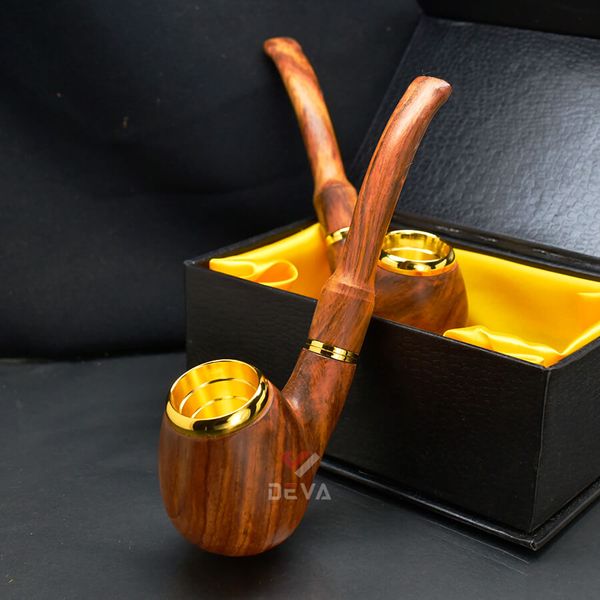 Tẩu gỗ sưa cán đứng đế tròn ốp miệng mạ vàng Freesize TG06