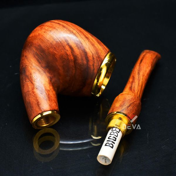 Tẩu gỗ sưa cán đứng đế tròn ốp miệng mạ vàng Freesize TG06