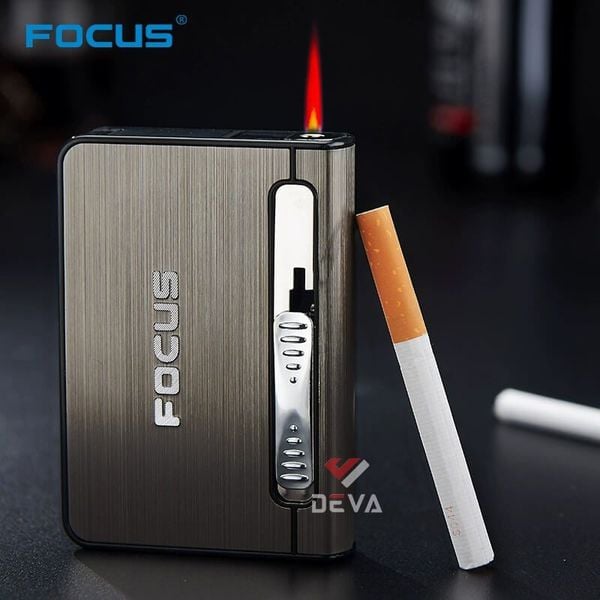 Hộp đựng thuốc lá Focus loại 10 điếu size 6.5mm kèm bật lửa khò 1 tia JD YH002