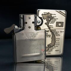 Zippo Bạc Khối Tái Bản 1937 Vintage Chặt Góc Khắc Bản Đồ Việt Nam BK88