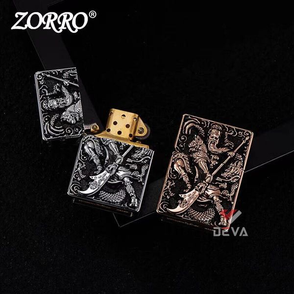 Bật lửa xăng đá Zorro bọc vỏ dày khắc nổi tướng Quan Vũ Z-KJ1005