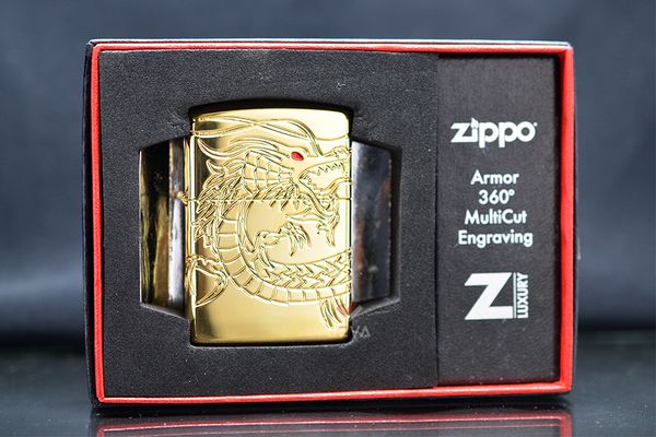 Zippo Armor khắc chìm rồng vàng mắt đỏ Red Eye Dragon Gold Plate Z144