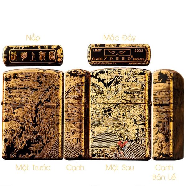 Bật lửa Zorro bức tranh Thanh Minh Thượng Hà Đồ mạ vàng Z2-1070