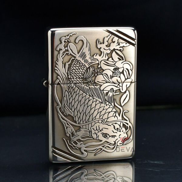 Zippo Bạc Khối Tái Bản 1937 Vintage Chặt Góc Khắc Cá Chép Trong Đầm Sen BK87