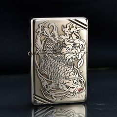 Zippo Bạc Khối Tái Bản 1937 Vintage Chặt Góc Khắc Cá Chép Trong Đầm Sen BK87