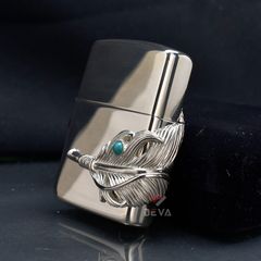 Zippo Bạc Khối Ốp Emblem Bạc Lông Vũ Gắn Lam Ngọc BK90