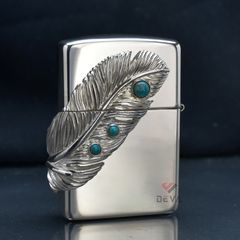 Zippo Bạc Khối Ốp Emblem Bạc Lông Vũ Gắn Lam Ngọc BK90