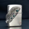 Zippo Bạc Khối Ốp Emblem Bạc Lông Vũ Gắn Lam Ngọc BK90