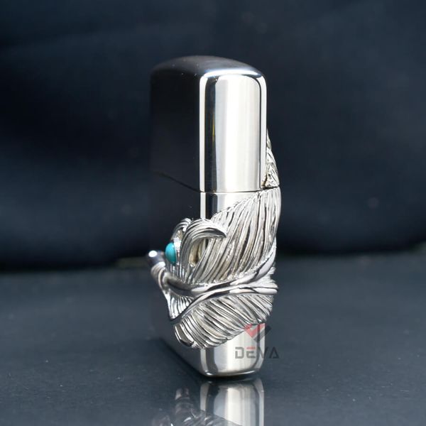Zippo Bạc Khối Ốp Emblem Bạc Lông Vũ Gắn Lam Ngọc BK90
