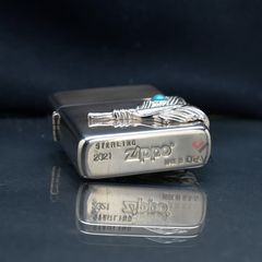 Zippo Bạc Khối Ốp Emblem Bạc Lông Vũ Gắn Lam Ngọc BK90