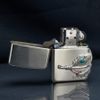 Zippo Bạc Khối Ốp Emblem Bạc Lông Vũ Gắn Lam Ngọc BK90