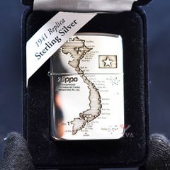 Zippo Bạc Khối Tái Bản 1941 Khắc Bản Đồ Việt Nam BK74