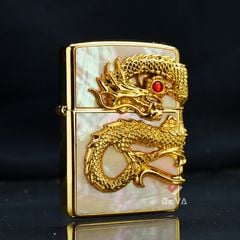 Zippo Khảm Trai Ốp Tượng Rồng Mạ Vàng Cầm Ngọc ZN300