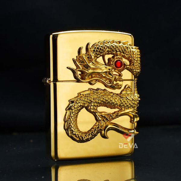 Zippo Khảm Trai Ốp Tượng Rồng Mạ Vàng Cầm Ngọc ZN300