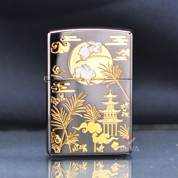 Zippo Bản Giới Hạn Khắc Tranh Mạ Vàng Thỏ Ngọc Dưới Trăng ZN165