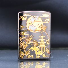 Zippo Bản Giới Hạn Khắc Tranh Mạ Vàng Thỏ Ngọc Dưới Trăng ZN165