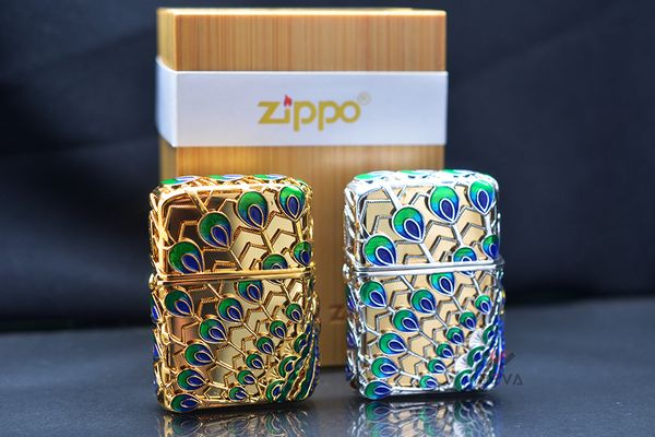 Zippo Bọc Vàng Chủ Đề Khổng Tước Phú Quý ZN359