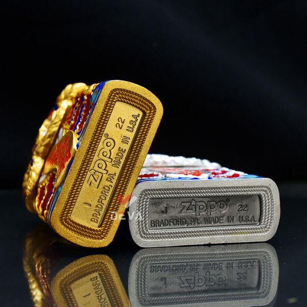 Zippo Bọc Lưới Mạ Vàng Đầu Sư Tử Nhả Chữ Tài Lộc ZN163