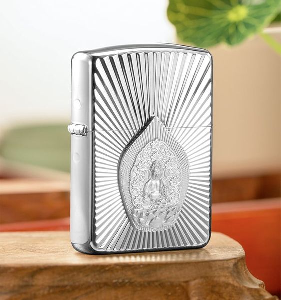 Zippo Armor Mạ Vàng Ốp Emblem Tượng Phật Phát Quang ZN35