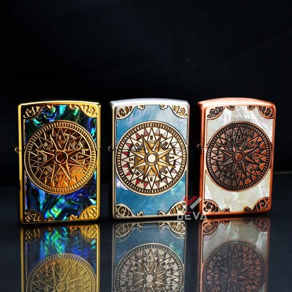 Zippo Khảm Trai Khắc 2 Mặt La Bàn Cổ ZN140