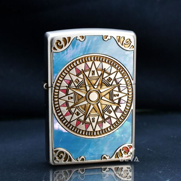 Zippo Khảm Trai Khắc 2 Mặt La Bàn Cổ ZN140