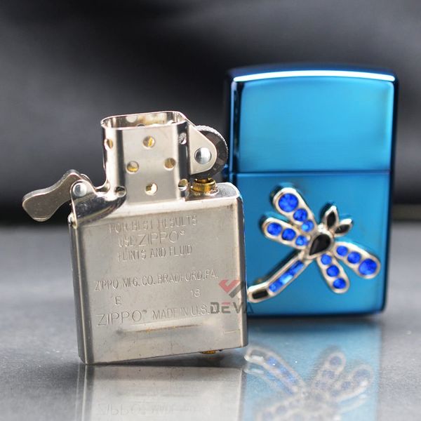 Zippo Xanh Ốp Emlem Cánh Chuồn Chuồn Khảm Đá Z294