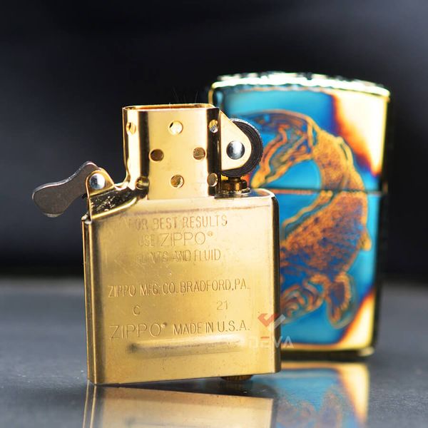 Zippo Armor Màu Đồng Cháy Khắc Chìm Cá Chép May Mắn ZN211