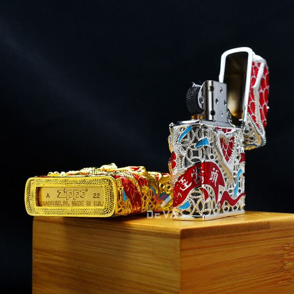 Zippo Bọc Lưới Mạ Vàng Hổ Múa Lân Sư Rồng ZN150