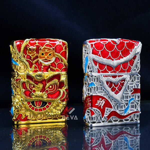 Zippo Bọc Lưới Mạ Vàng Hổ Múa Lân Sư Rồng ZN150