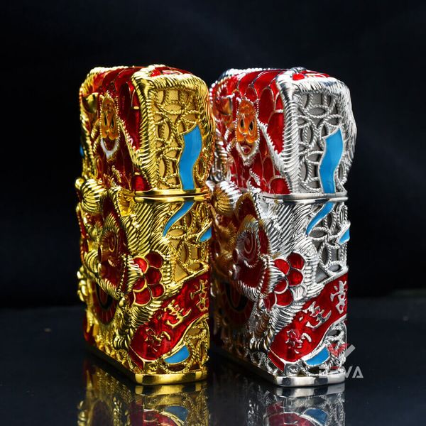 Zippo Bọc Lưới Mạ Vàng Hổ Múa Lân Sư Rồng ZN150