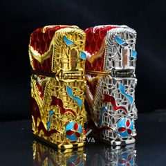 Zippo Bọc Lưới Mạ Vàng Hổ Múa Lân Sư Rồng ZN150