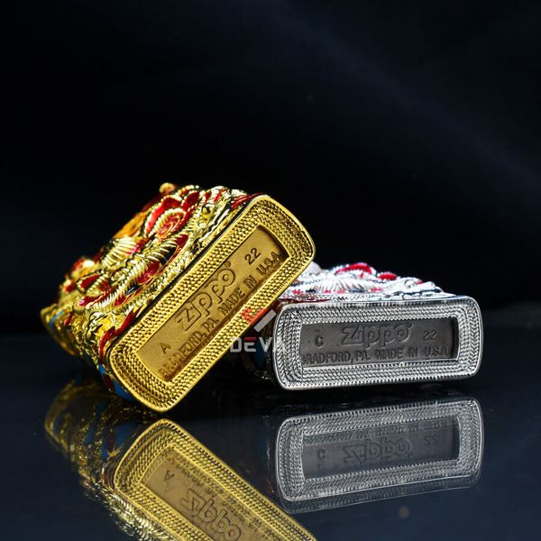 Zippo Bọc Lưới Mạ Vàng Hổ Múa Lân Sư Rồng ZN150