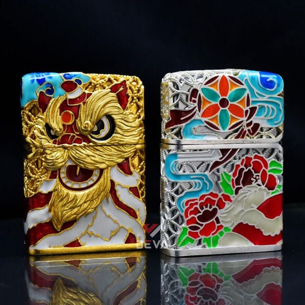Zippo Bọc Lưới Mạ Vàng Đầu Lân Sư Rồng Cầu Tài Lộc ZN147