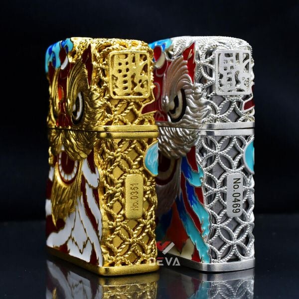 Zippo Bọc Lưới Mạ Vàng Đầu Lân Sư Rồng Cầu Tài Lộc ZN147