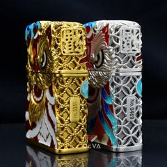 Zippo Bọc Lưới Mạ Vàng Đầu Lân Sư Rồng Cầu Tài Lộc ZN147