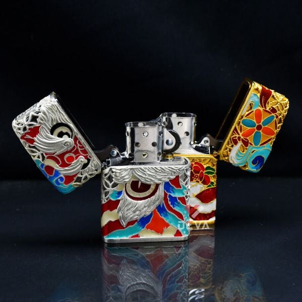 Zippo Bọc Lưới Mạ Vàng Đầu Lân Sư Rồng Cầu Tài Lộc ZN147