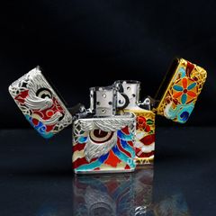 Zippo Bọc Lưới Mạ Vàng Đầu Lân Sư Rồng Cầu Tài Lộc ZN147