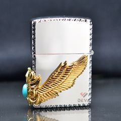 Zippo trắng Emblem đôi cánh thiên thần ốp đá xanh ngọc ZN330