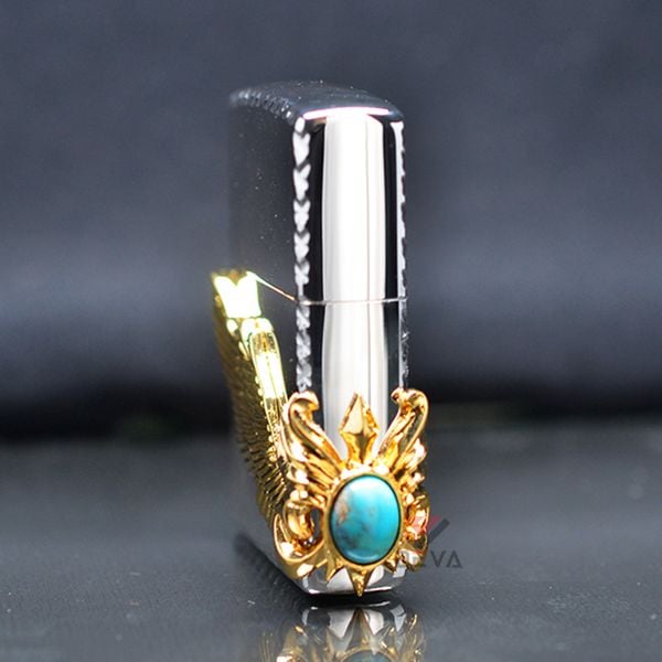 Zippo trắng Emblem đôi cánh thiên thần ốp đá xanh ngọc ZN330