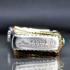 Zippo trắng Emblem đôi cánh thiên thần ốp đá xanh ngọc ZN330