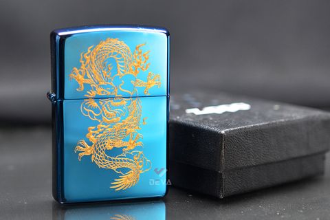 Zippo Xanh Sapphire Khắc Hình Rồng Bay Mạ Vàng ZK49