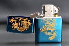 Zippo Xanh Sapphire Khắc Hình Rồng Bay Mạ Vàng ZK49