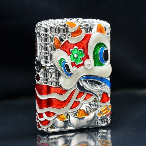 Set Zippo Bọc Lưới Mạ Bạc Múa Sư Tử Như Ý Cát Tường ZN209